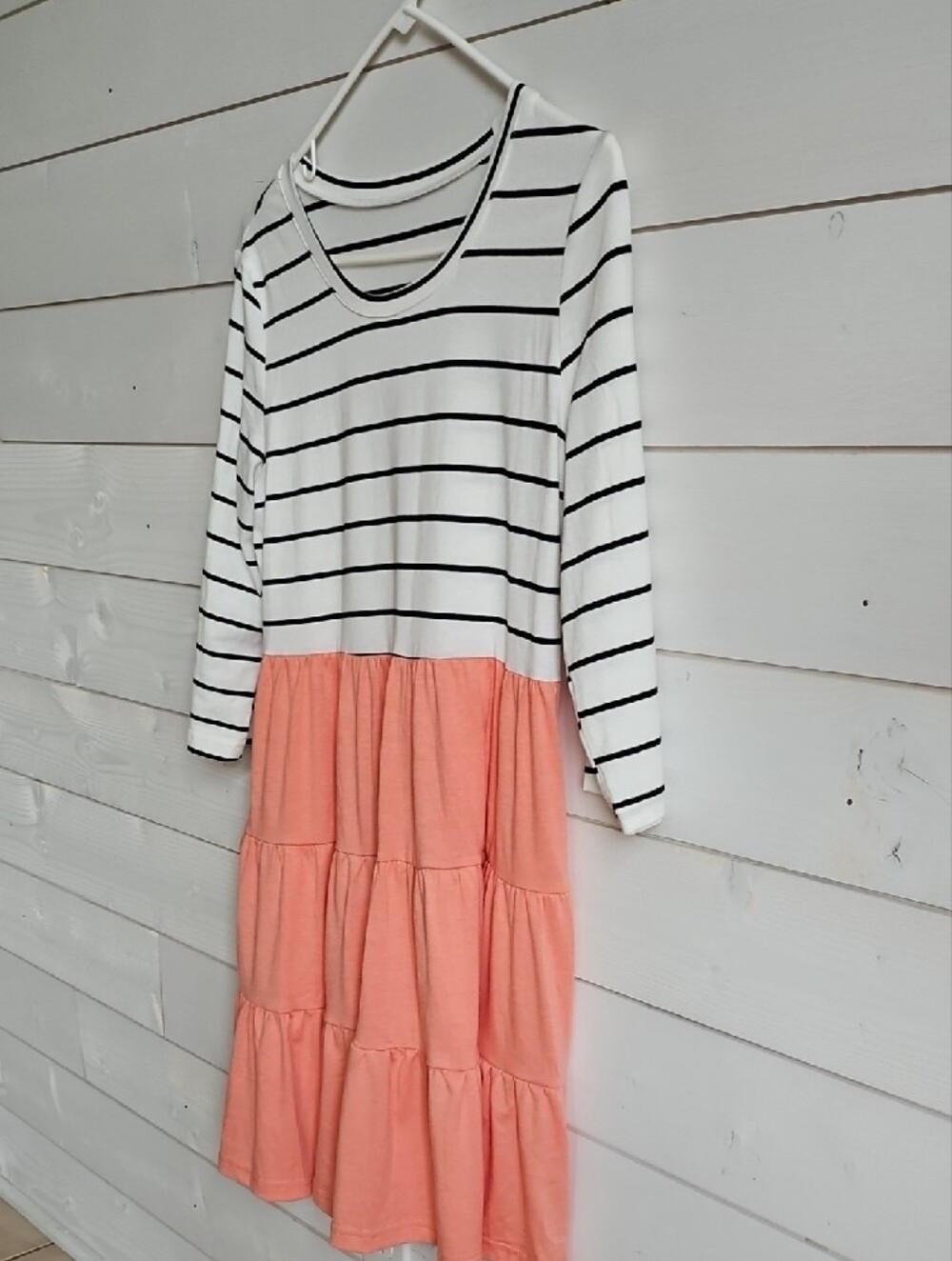 Striped Black & White Top with Coral Tiered Skirt Womens Dress
